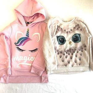 2 pc bundle of sweaters pink & cream size 4 unicorn & owl hood pullover